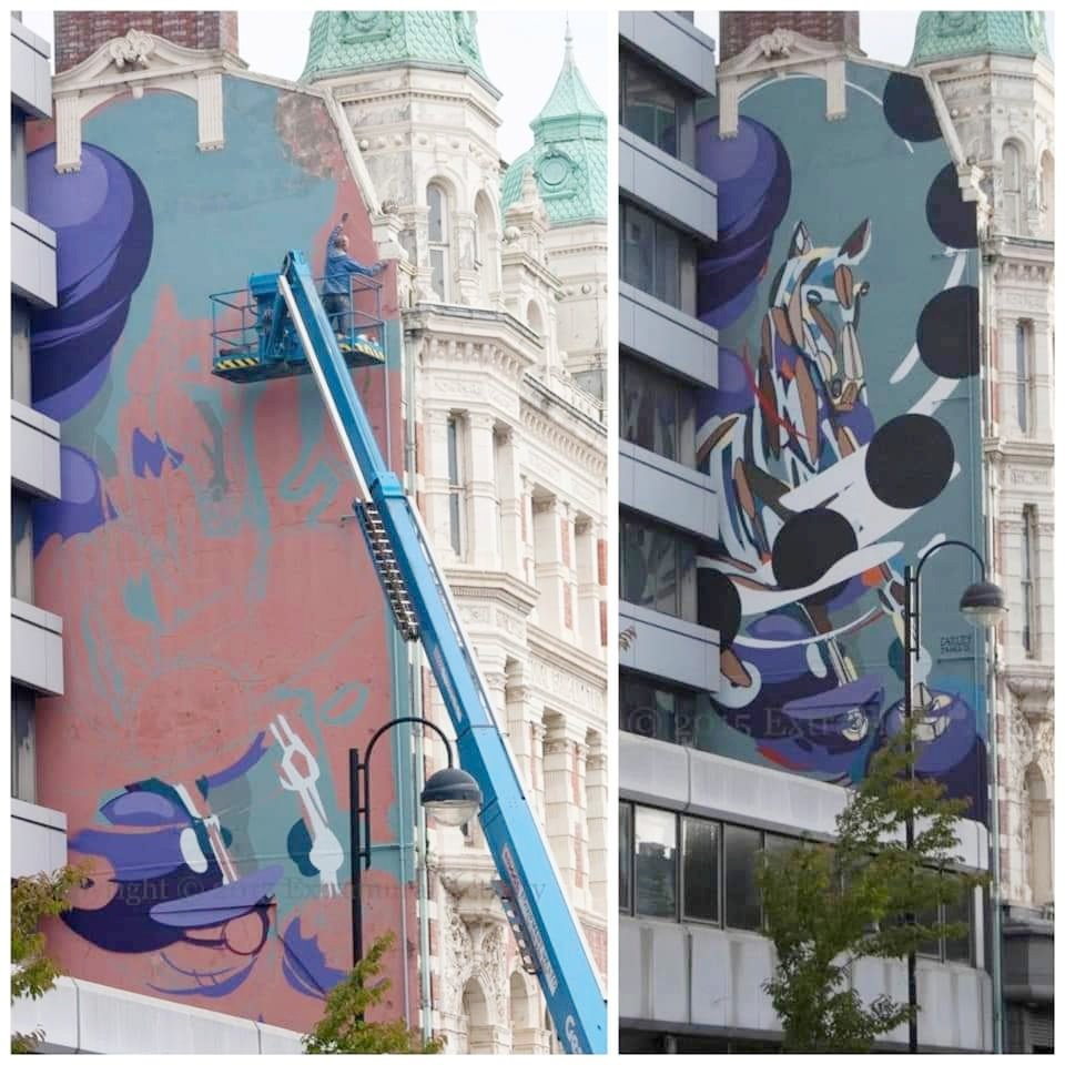 WalkingBelfast's tweet image. This fantastic mural in High Street, Belfast is called "High Horse" by fabulous Dublin artist @james_earley
James' family owned a stained-glass business in Dublin, Thomas Earley &amp;amp; Sons and his own distinctive style reflects his artistic past within Irish Stained-Glass Art