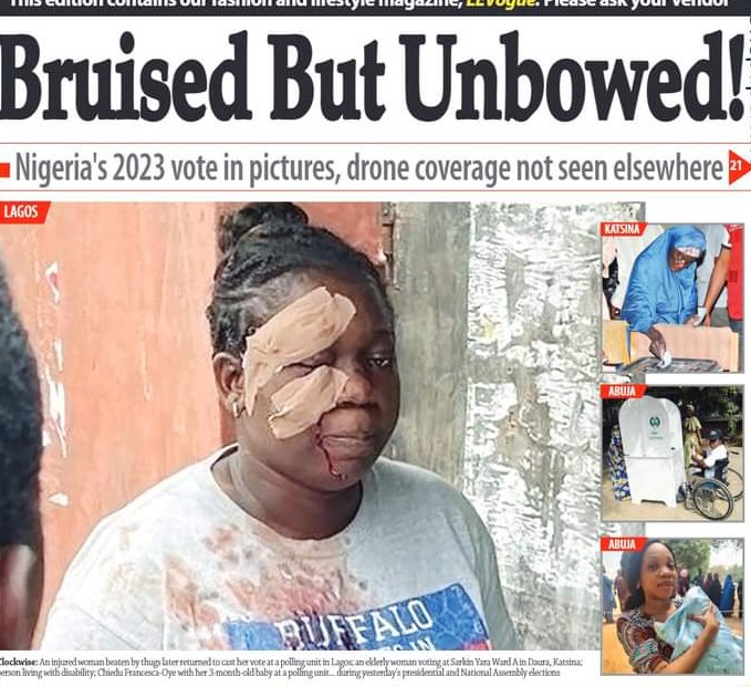 Doncolo's tweet photo. High level of violence to discourage voters. Lady brutally beaten, went got first aid treatment and came back &amp; casted her vote #Sheisunstoppable #unhinged #presidentialelection2023 #ElonMuskTwitter #elon_musk #UnitedNations #UnitedStates #Liberty #FreedomOfSpeech #freedomtovote https://t.co/1vwC3DSfWB