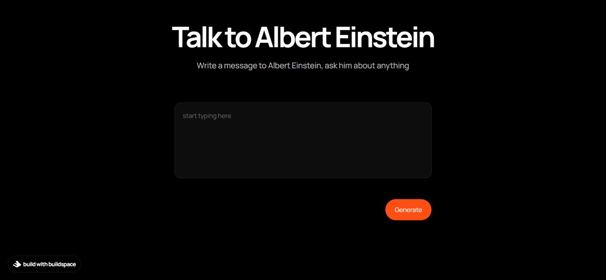 aswingt65's tweet photo. Working on the idea + frontend for my GPT-3 writer now ✨

Started creating a web for chatting with one of the greatest  theoretical physicist Albert Einstein

cc: @_buildspace https://t.co/w51YA1057q