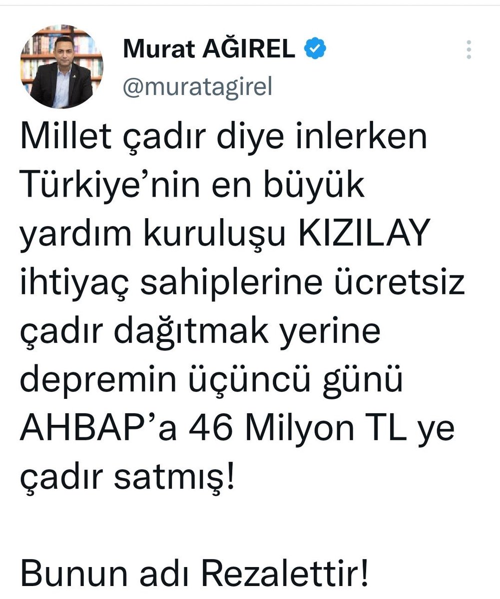 KomunistBiri34's tweet photo. "Ensar'a 7.9 Milyon Dolar bağışlayacak kadar hayırsever, AHBAP'a 46 Milyon liraya çadır satacak kadar utanmazsınız.." Murat Ağırel .

Sandıkta Kızılayın Ensara yaptığı bağışlar  alınıp , Kızılay’ın başına Haluk Levent Getirilsin. 

DOLAN DOLAN DOLAN  #istifaulan https://t.co/DARaquc0fA