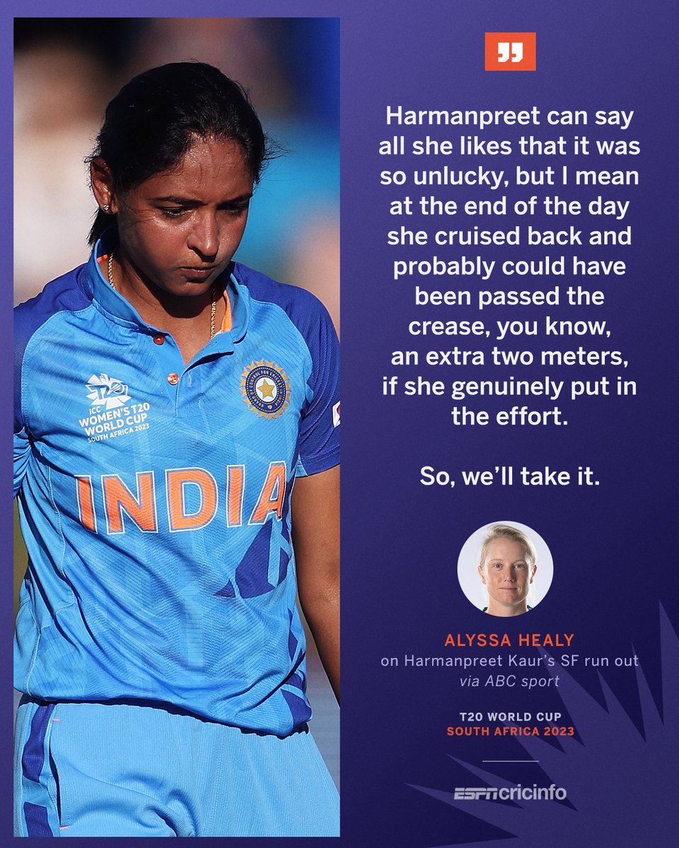cricinfo's tweet photo. 'Harmanpreet would have made it if she genuinely put in the effort' 

Healy on Harman's run out in their semi-final against India 🗣️ https://t.co/JOsbz3hHXA