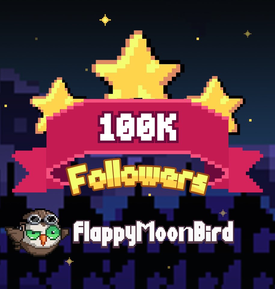 We hit 100k followers! 🥳🥳🥳 What a milestone!

Thank you all for supporting!! We can’t do it without you #Flappypilots. We hope to deliver a better game experience for gamers.

Keep building! #Flappymoonbird #moonbirds #gameday 
🤍🖤