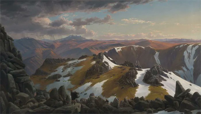 cultugrafia's tweet photo. https://t.co/ljNFWXI9sI 
Un claro ejemplo de la belleza libre de Kant, por ser la más original al venir dada por la naturaleza.

Imagen: Vista noreste desde la cima norte del monte Kosciusko (1863), de Eugene von Guerard. https://t.co/22G6D7ZFx2