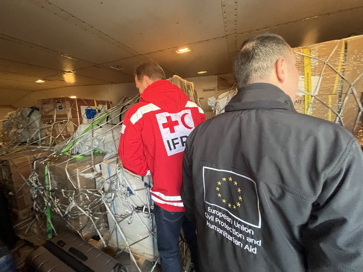 JanezLenarcic's tweet photo. As part of an 🇪🇺 humanitarian air bridge for #Syria, 2 ✈️ with emergency aid just landed in Damascus, to provide further support for the Syrian people impacted by the #earthquake. The aid will be delivered to the people in need in cooperation with our humanitarian partner @ifrc. https://t.co/YcCO2qELkn