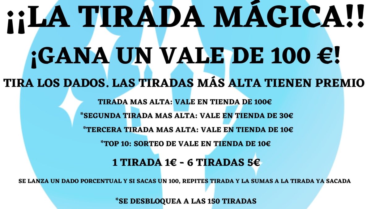 Volvemos a activar LA TIRADA MAGICA!

¿Quieres ganar un vale de 100€ para gastarlo en lo que más te gusta de la tienda? Ven y prueba suerte 🎲🍀

#latorremagica #latiradamagica #valetienda #chequetienda