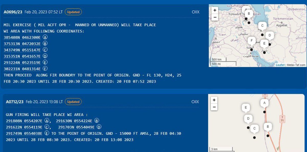 OsintExperts's tweet photo. 🛑Alert 🚨
🇮🇷: A #NOTOM has been issued for 3 days ( till 28 February 2023 ) following the exercise of air defense units all over #Iran. https://t.co/aGcr9ezKFo
