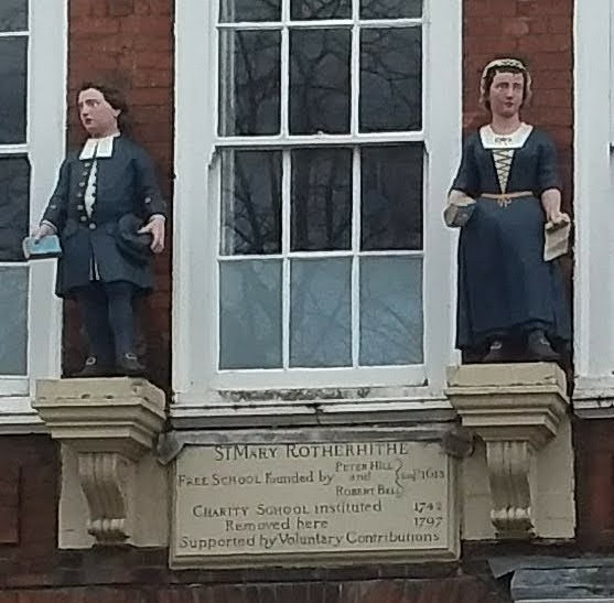 WorgInfo's tweet photo. OTD 26 February 1614 death of Peter Hills,Master Mariner &amp; Brother of Trinity House
He left money to found a Free School for the education of 8 sons of mariners of #Redriff
Two 18c figures of scholars adorn the facade of the Old SchoolHouse opposite St Mary's Church #rotherhithe https://t.co/qXSwtwq9g7