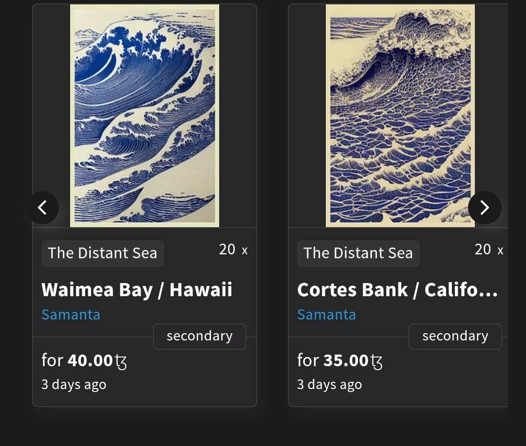 And from The Distant Sea Secondary 

Waimea bay sold for 40 #tez  ↗️ 63 #tez 

Cortes Bank sold for 35 #tez ↗️  60 #tez 

Thank you so much <a href="/mneg85/">mneg85</a>😊😊 for collecting this 2 from secondary and welcome to "The Distant Sea" 🌊🌊