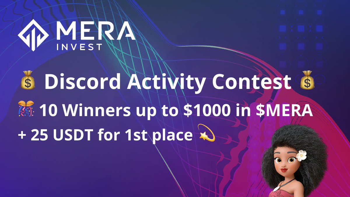 🆕 DISCORD Activity Contest 💰

🎊 10 Winners up to $1000 in $MERA
+ 25 USDT for 1st place 💫

To join:
✅ Like, RT + comment on this tweet
✅ Join discord.gg/Yj8VadqDWm
✅ Be active for 14 days in 💬general-chat

#Giveaway #GiveawayAlert #Contest #Crypto #MemeContest #BTC