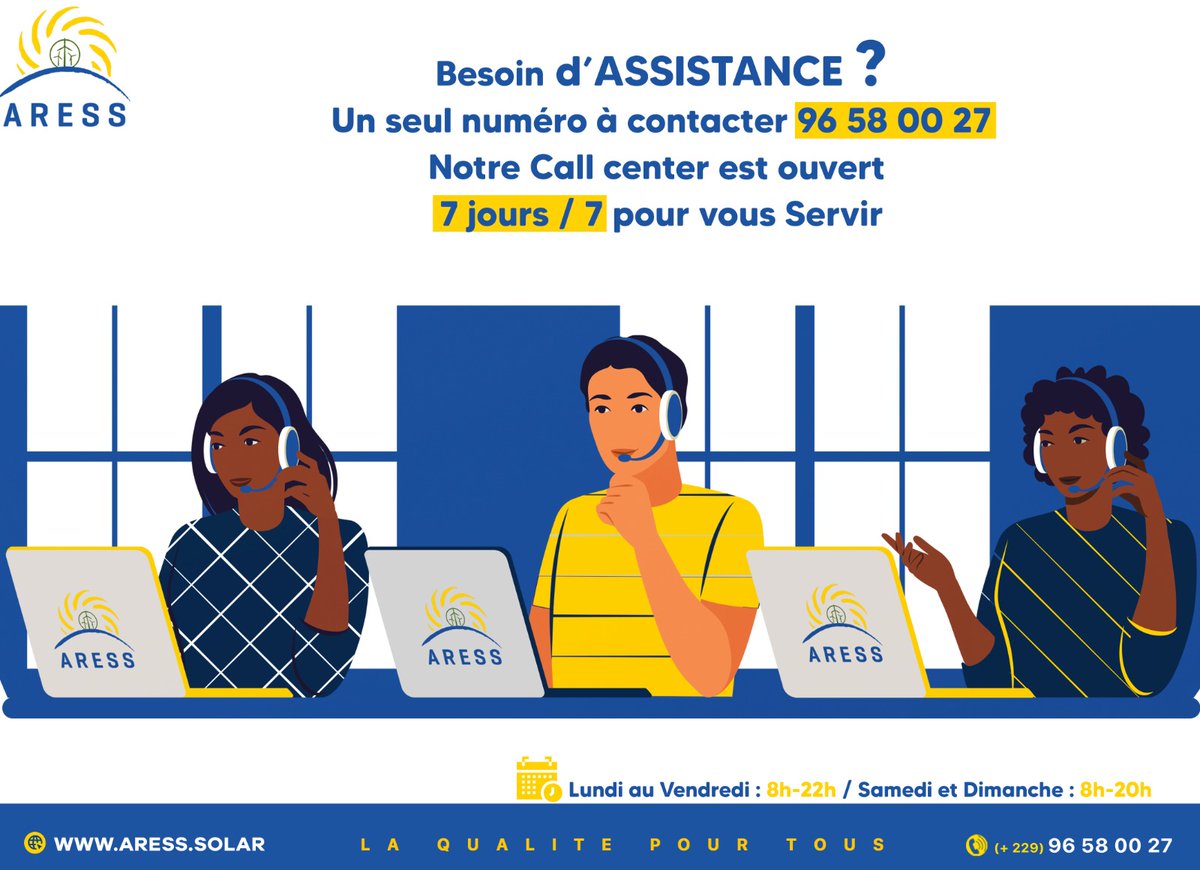 Vous êtes en quête d'une information?
Vous-voulez formuler une plainte, une demande d'achat ou signalez une panne?
Ayez toujours le bon réflexe, référez-vous toujours à notre call center pour une meilleure assistance.
#aress
#RenewableEnergy 
#LaQualitéPourTous
#support