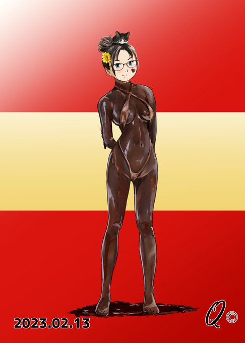 #今月描いた絵を晒そう 
バレンタインに描いた「チョコまみれ」モカちゃん…。
流石にちょっとマニア向け過ぎたかと大大反省の一枚です😱😱 