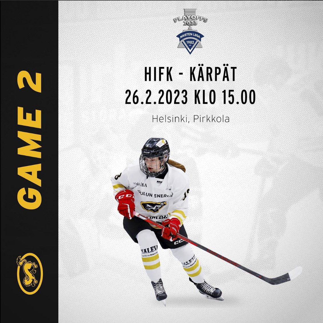 Game 2! Pelit jatkuu tänään Helsingissä <a href="/StadinGimmat/">Stadin Gimmat</a> vieraana. Livelähetyksen välittää leijonat.tv 📺  #NaistenLiiga  #playoffkevät