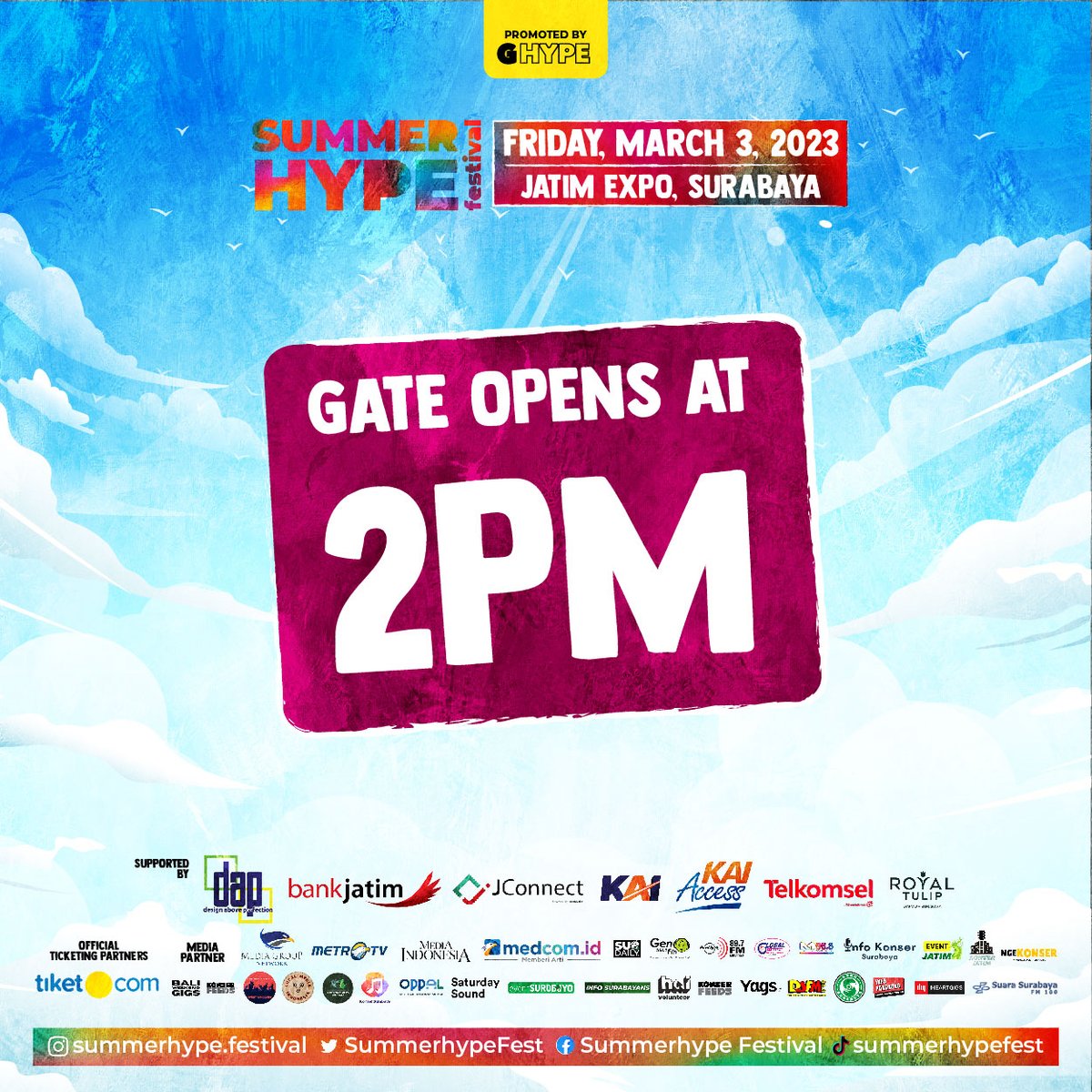 Hello Hypepeople!

Open Gate for Summerhype Festival will start at 2 PM.

#ghype #summerhypefestival