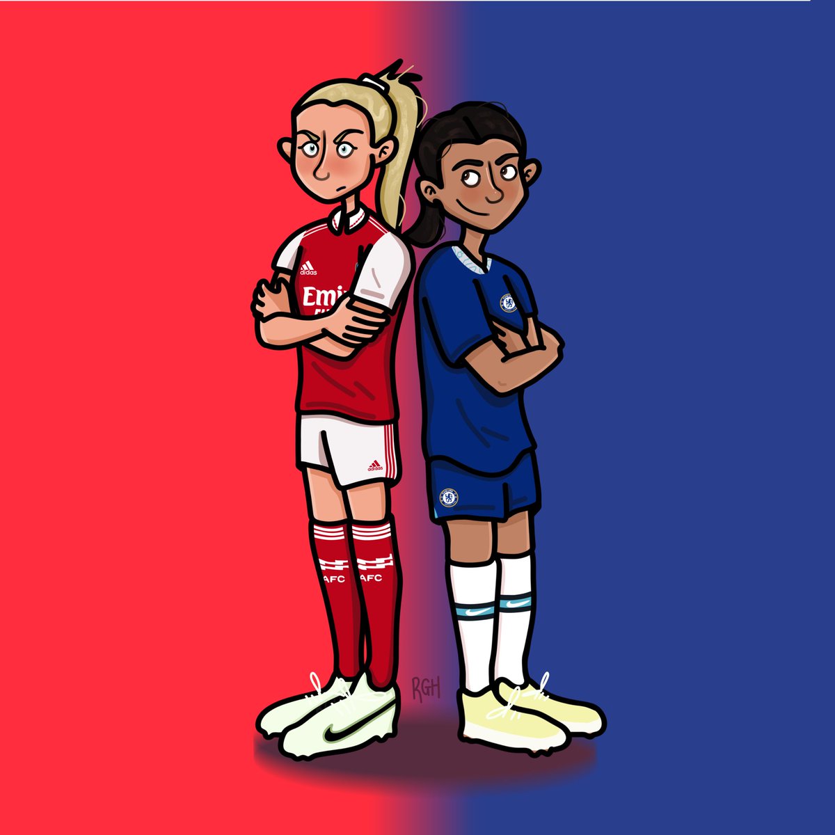 AFTAStudios's tweet photo. Clash of the Titans! 🔴🔵
Match day, Gooners. What do we think the score board will say?
#facup #woso #leahwillamson #samkerr #arsenalwfc #arsenalart https://t.co/yHgiuLMv9q