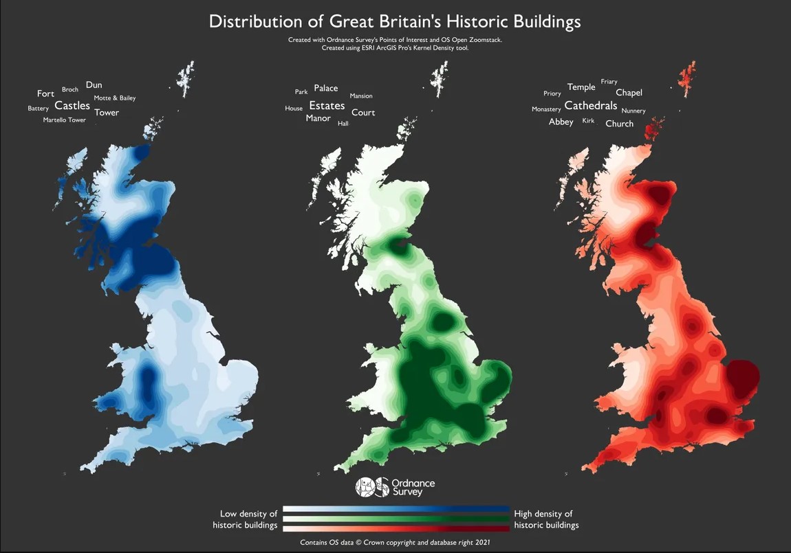 OrdnanceSurvey's tweet image. Are you interested in Great Britain's landmarks? This heatmap shows the distribution of historic buildings in GB; including Castles, Estates, Cathedrals, and more.

It was created using OS Points of Interest and OS Open Zoomstack through ESRI @ArcGISPro's Kernel Density tool.