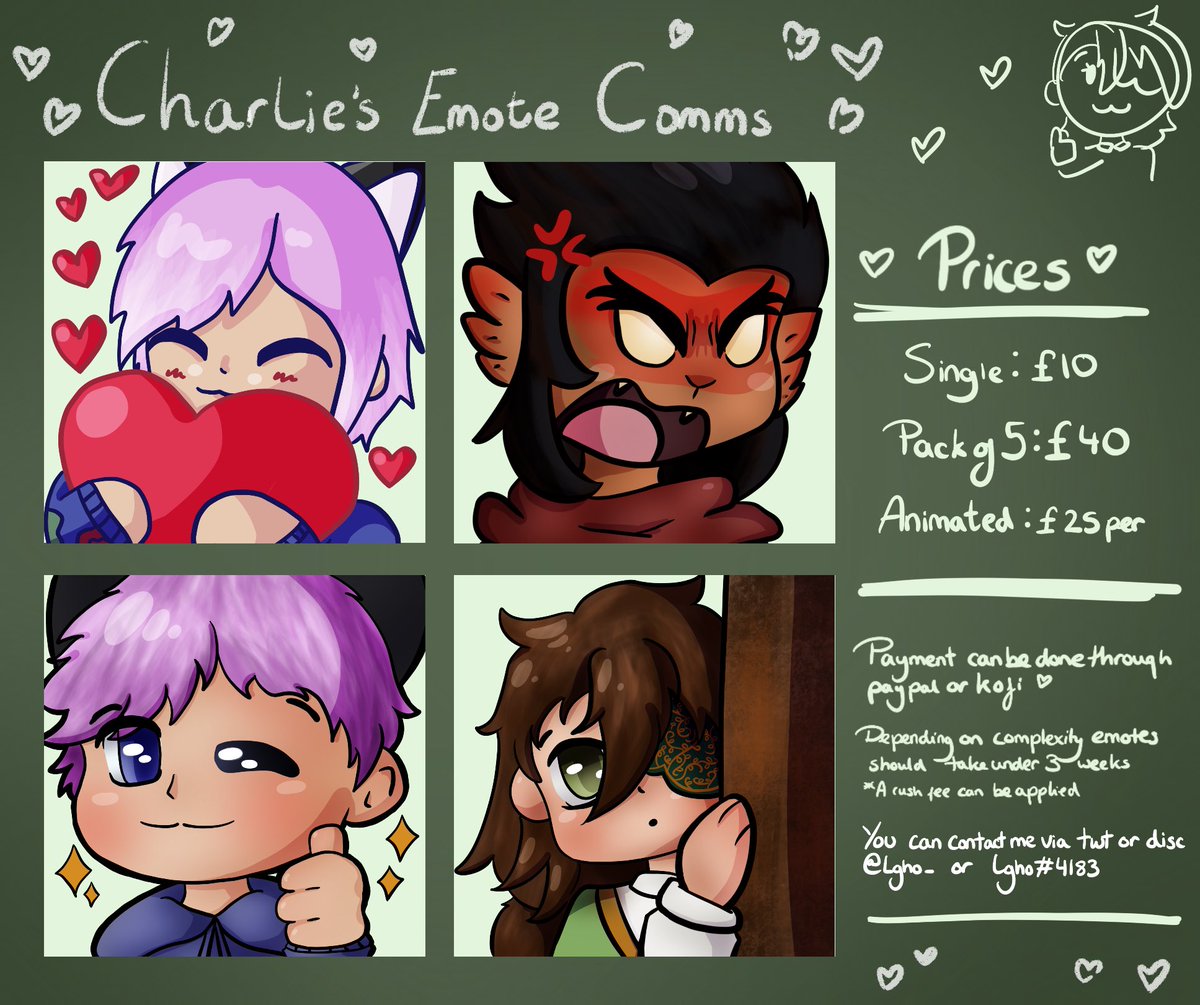 Hey you, yes you. Do you need some emotes for discord or for stream? Well you are in luck cause my commissions are open!!

Dm me for more info :}

#emotes #emotecommissions #commisionsopen #ENVtuber #twitchemotes