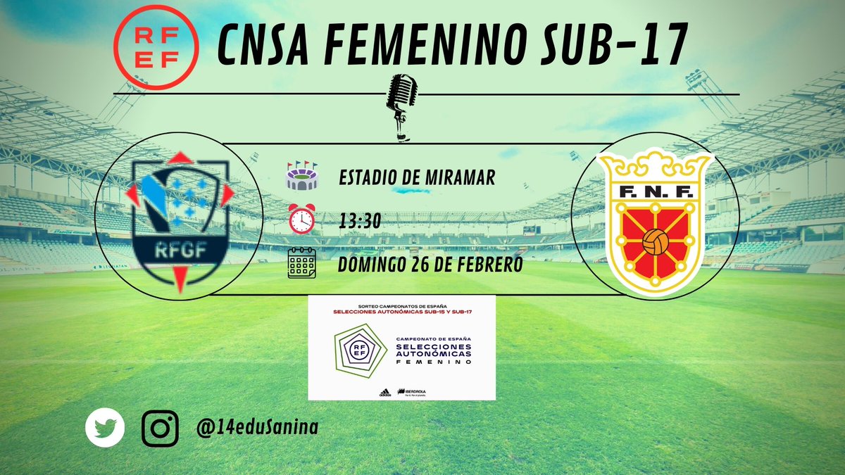 ‼️ MATCHDAY

@futgal 🆚 @fedfutnavarra 

⚽ #CampeonasSub17RFEF | Fase Oro | Grupo A
🏟️ Estadio Municipal de Adra | Almería
⌚ 13:30
📺 @rfef | youtube.com/watch?v=bqpQRB…