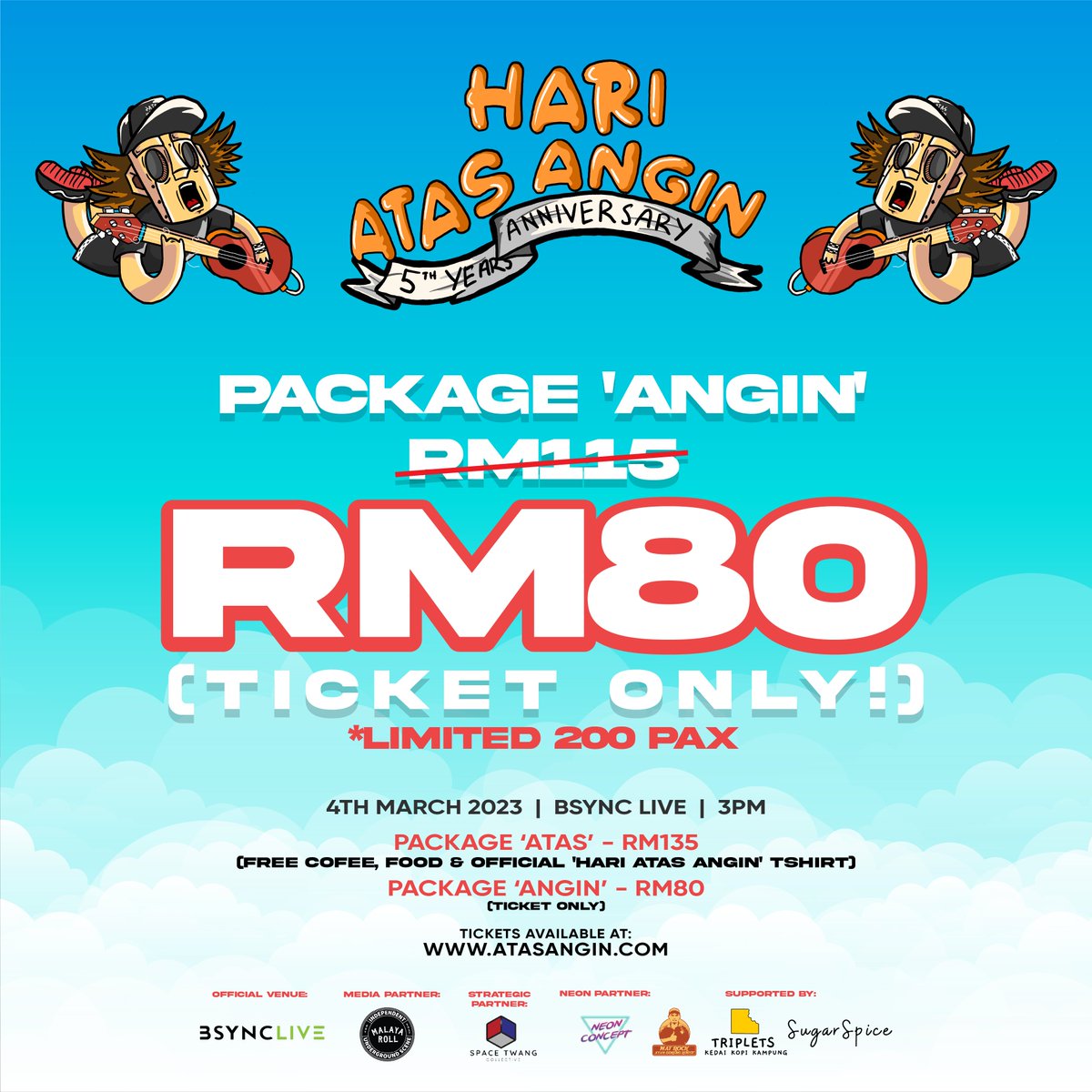 #ONGROUND LIVE:  HARI <a href="/_atasangin/">Atas Angin MY</a> (5th Anni)
ft. <a href="/hacktickmusic/">HACKTICK!</a> <a href="/TheVenopianSoli/">The Venopian Solitude</a> @mascotband_my <a href="/jemputdengar/">Jemput Dengar</a>  <a href="/kapowMY/">Kapow</a> <a href="/ramayanmusik/">RAMAYAN</a> <a href="/TILUBAND/">Tilu</a> <a href="/TresEmpre/">Tres Empre</a>
Sp.Guest: <a href="/sayamadsabah/">Madsabah</a> 
at #BSyncLive 26 Jln Permai, RobsonHeights #KL
SAT March4 12pm
TICS: atasangin.com/event
