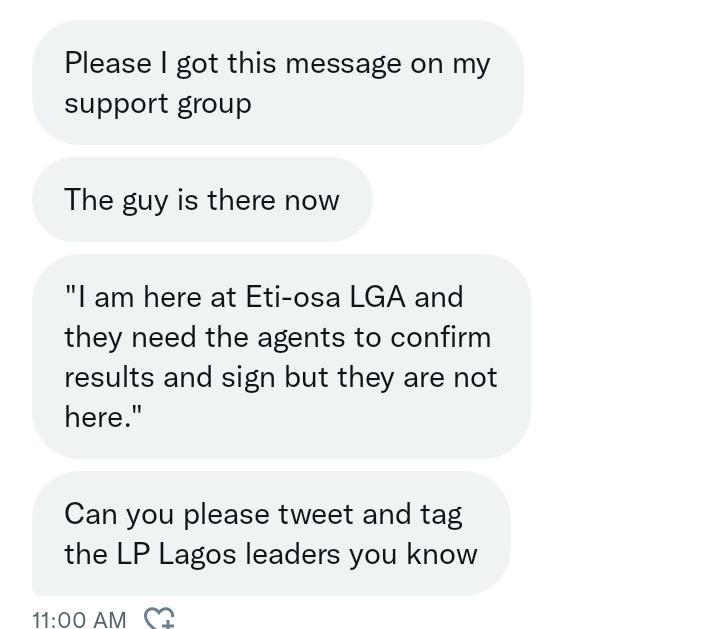 politicalplugNG's tweet photo. LP agents are needed at Etiosa LGA Lagos state to sign and confirm the results . If you know the LP agent representing that LGA reach out to them speedily🙏
Kindly RETWEET. https://t.co/hQnakfwHLi