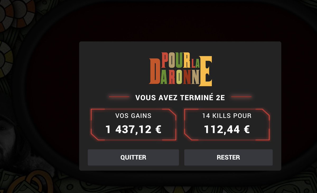 MehdiMerad's tweet image. Runner up du tournoi "pour la daronne" 
@Winamax
 
On prend de l'experience pour le HU. Bonne gestion ICM.
Merci à 
@KillTiltpoker
 pour la partie technique et mental et le stream de 
@zChance44
 pour tout son partage.