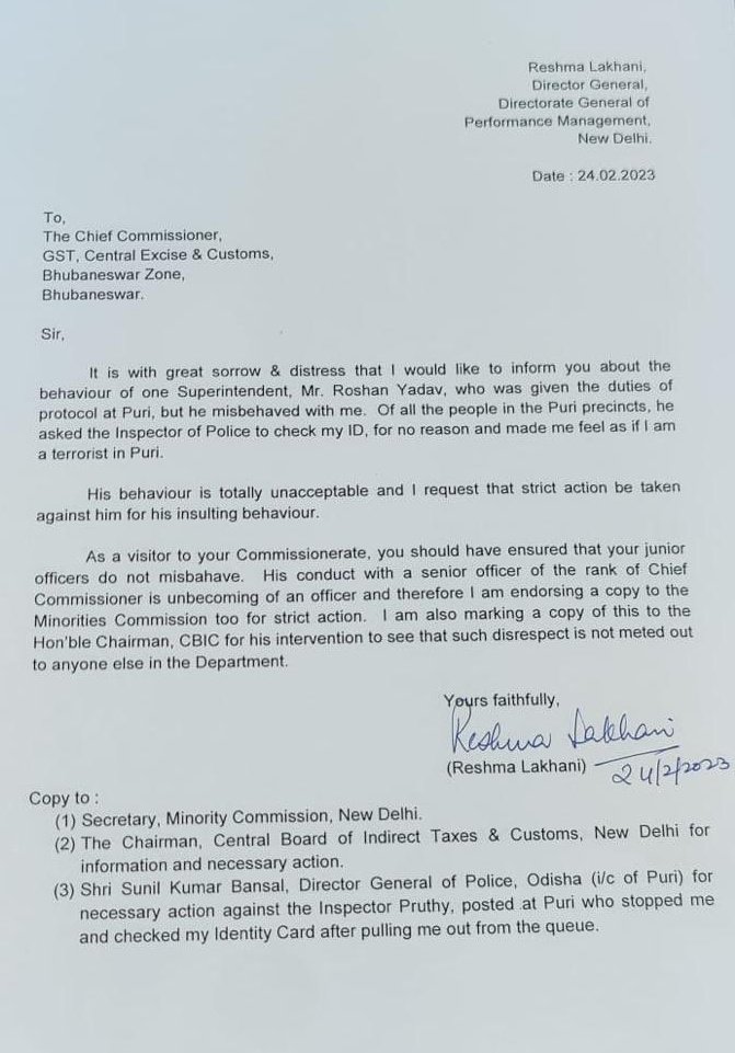 BhaiiSamrat's tweet photo. MusIim IRS officer Reshma Lakhani misused her power &amp; illegally entered inside Puri Jagannath Temple. 

When Superintendent Roshan Yadav told her that entry of non-Hindus is prohibited in the temple, he was transferred 400 KM away. Kindly take action Hon'ble @HMOIndia https://t.co/wASZpiqjlg