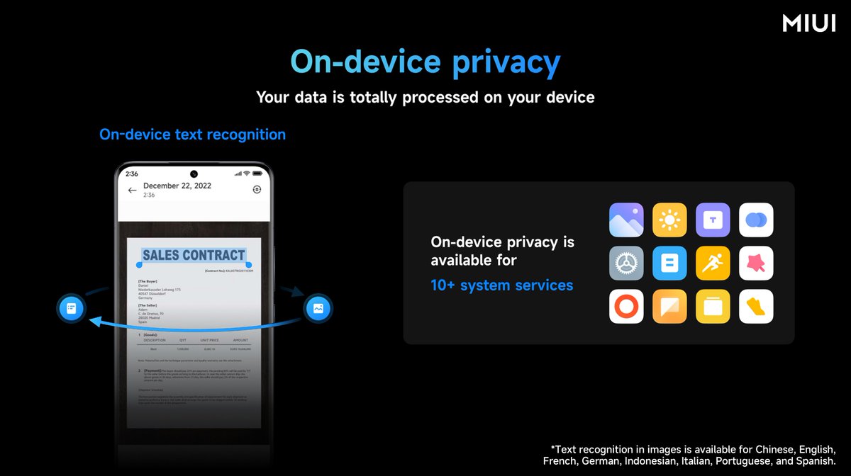 XiaomiHyperOS_'s tweet photo. Not only useful, but also safe. Data protection on MIUI 14 is robuster than ever with on-device privacy protection mechanisms. 🔒
#MIUI14launch  #Xiaomi13Series  #OndevicePrivacy #TextRecognition https://t.co/YD0CVwFwUq