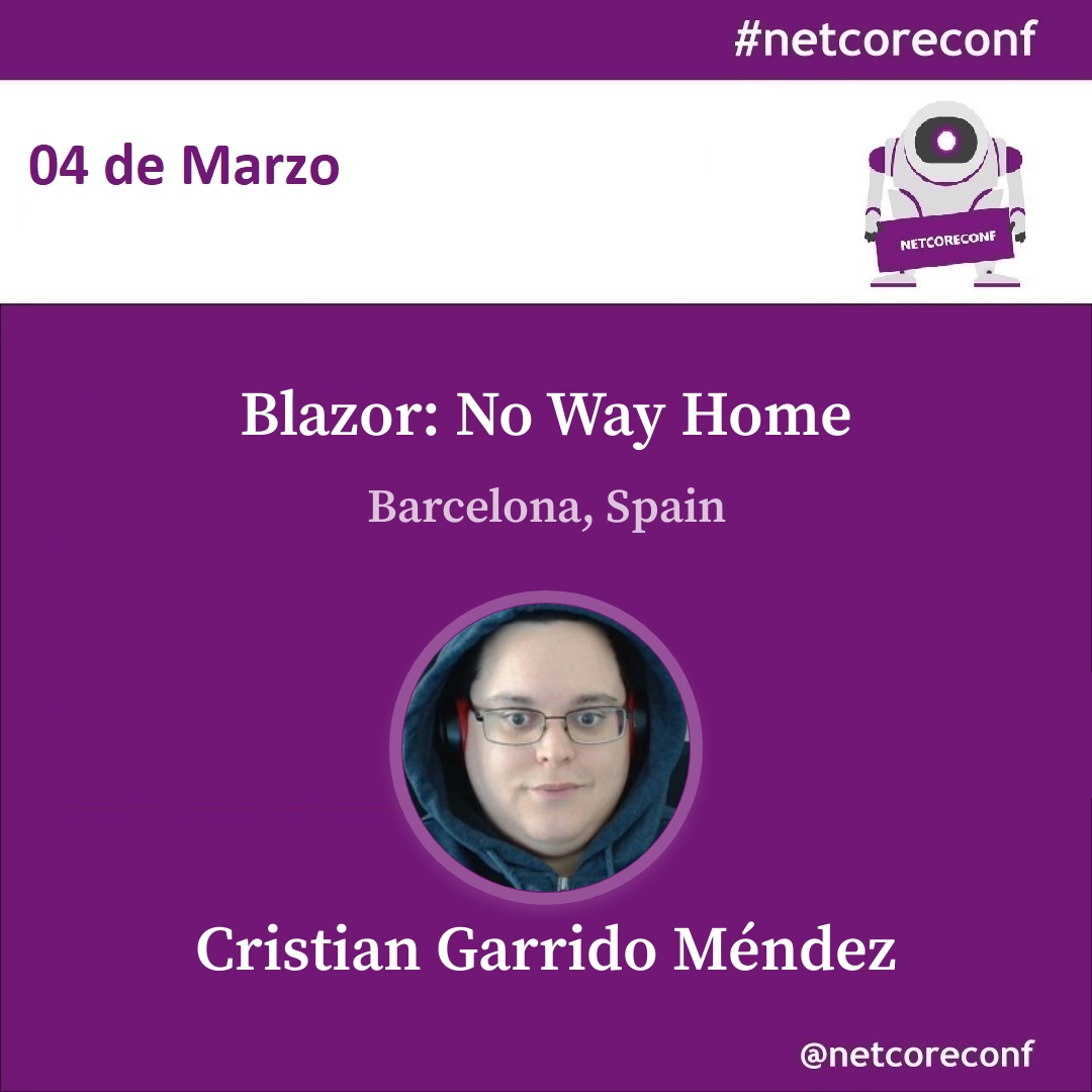 📢  Speakers 📢
Desde <a href="/dotnetters/">DotNetters Zaragoza</a> un debutante en la NetCoreConf, Cristian Garrido nos hablará sobre Blazor: No way home. Seguro que estás muy interesad@ no? Pues corre y saca tu entrada
📅 04-03 Barcelona 
📌…oreconf-barcelona-2023.sessionize.com
👉eventbrite.co.uk/e/entradas-net…
