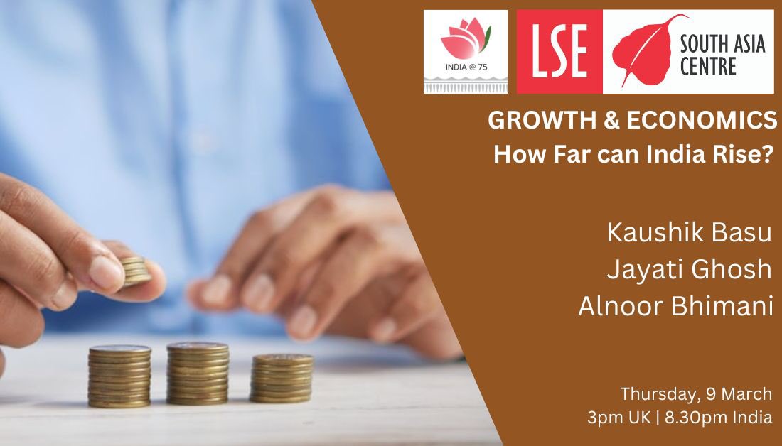 How far can India’s economic growth go in the current global context? @kaushikcbasu & @Jayati1609 discuss with Director @AlnoorBhimani. #Indat75 

🛎 Thur 9 Mar 23
🕰 3pm🇬🇧 8.30pm🇮🇳 
🔗 FREE Reg tinyurl.com/2p8z2kwe

@LSEEcon @LSEeconomics @UKinIndia @The_IGC @FCDOGrowth