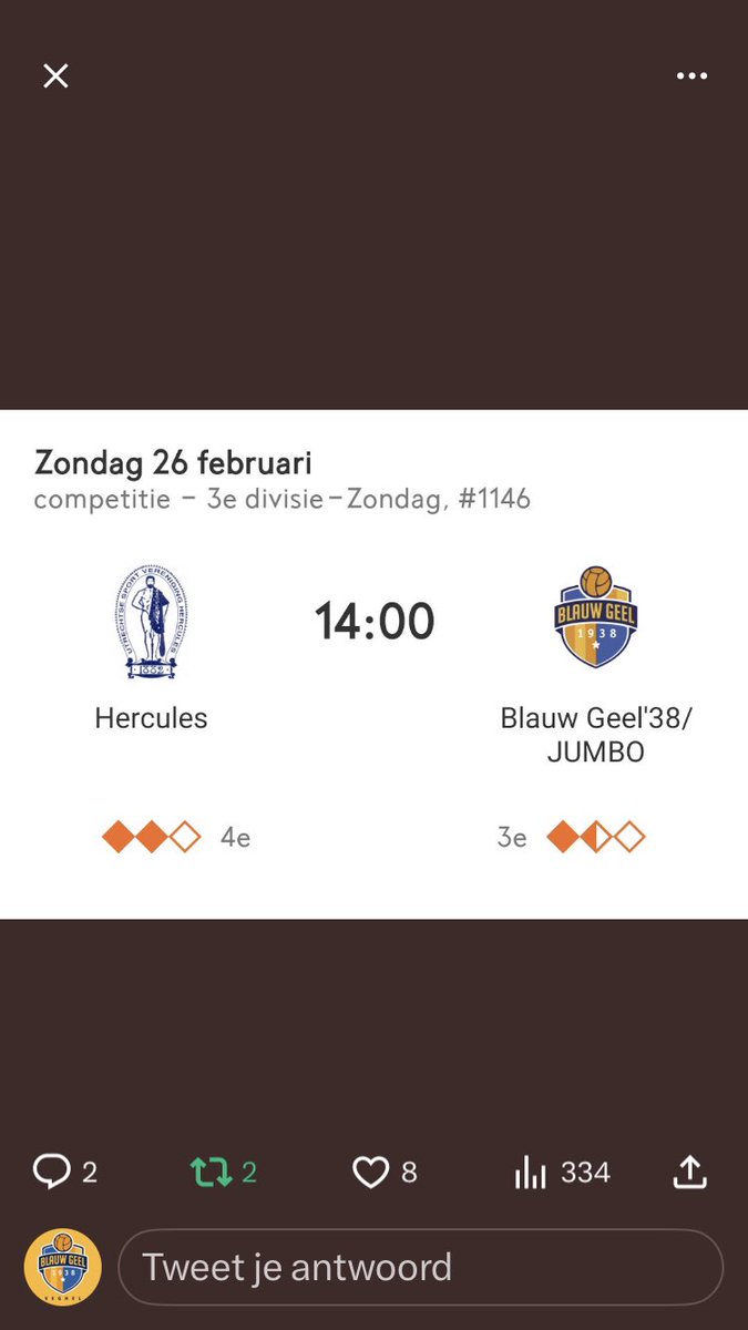 Blauwgeel'38/JUMBO (@blauwgeel38) on Twitter photo Straks, om 14.00u, is het top-treffen tussen <a href="/usvhercules1882/">usvhercules1882</a> (4e) en de gasten en nr 3 v d ranglijst, βonsβ eigen #Blauwgeel38/Jumbo. Een zware pot die o.l. staat van scheidsrechter van dienst: Maurice Paarhuis.
Ben jij er ook met jouw support?
Tot straks! Straks, om 14.00u, is het top-treffen tussen <a href="/usvhercules1882/">usvhercules1882</a> (4e) en de gasten en nr 3 v d ranglijst, βonsβ eigen #Blauwgeel38/Jumbo. Een zware pot die o.l. staat van scheidsrechter van dienst: Maurice Paarhuis.
Ben jij er ook met jouw support?
Tot straks!