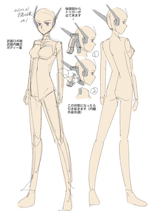 まだまだイメージ固めの段階ですが武器ロボ娘さんの進捗になります(外した頭部にボディーと連動する照準システムとトリガー機能を持たせてマスターと共に戦う感じにしてみました)頭部はアイカメラを保護するシールドを内蔵したヘルメット型も思案中です 