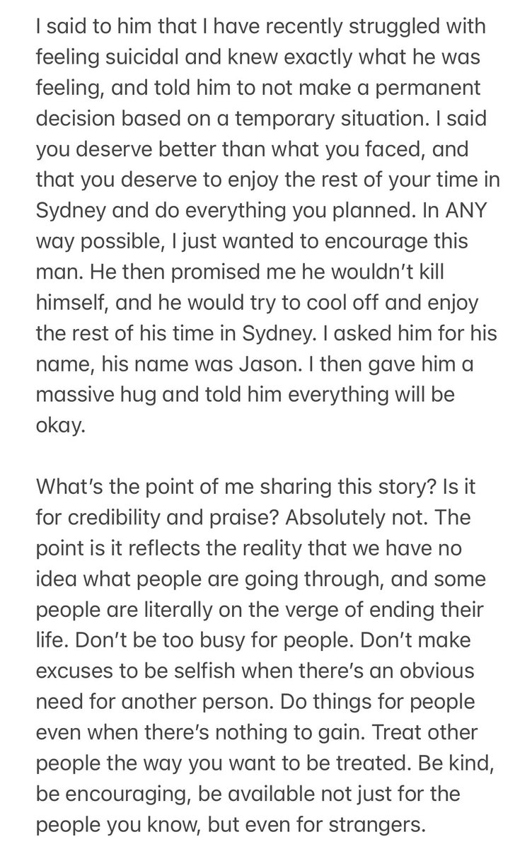 ItsFleeceKing's tweet photo. Today I talked a man out of killing himself. 

It was one of the most confronting conversations I’ve ever had with a stranger.

PLEASE don’t be too busy for people, when you see someone is in need of support be available because we don’t know what people are going through. https://t.co/Omb8nm4l3f