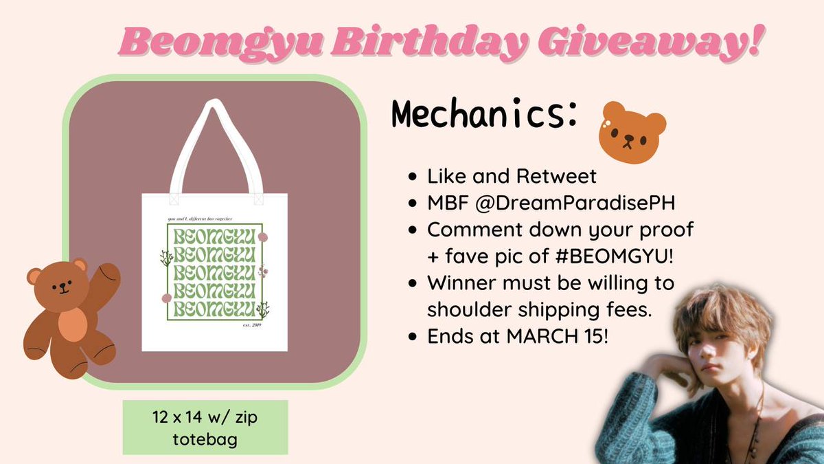 myhoonievrse's tweet photo. ₊˚ ☁️♡ #BEOMGYU B-DAY GIVEAWAY ｡₊˚ ࣪ ִֶָ☾.

Mechanics: 
₊˚ like &amp; retweet
₊˚ mbf @DreamParadisePH 
₊˚  comment down ur proof + fave pic of Beomgyu!  
₊˚  winner musy be willing to shoulder sf 

Ends on MARCH 15! 💓 https://t.co/sfd5HOheBP