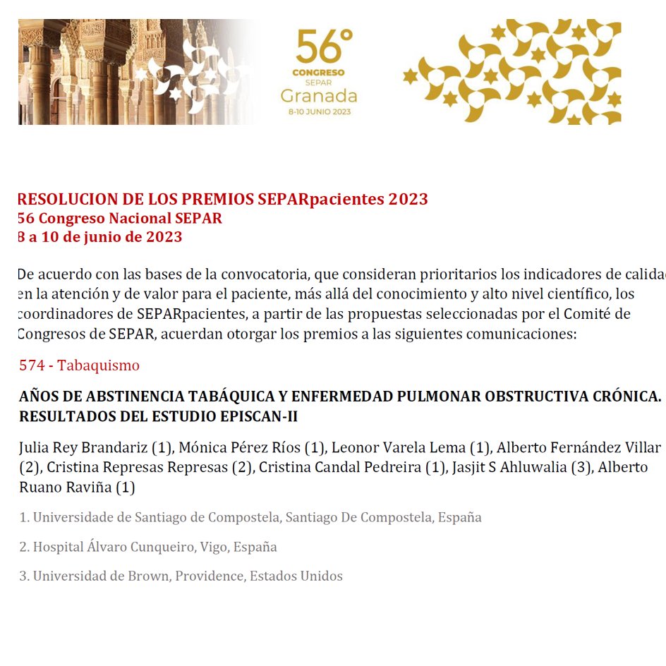 albertoruano8's tweet photo. Muy contentos con este nuevo premio de @SeparRespira. Modalidad Separpacientes a la comunicación del área de tabaco sobre descenso en riesgo de EPOC con abstinencia tabáquica.

@JuliaReyB @Alberto92959109 @crisrep1 @lnrvarela_lema @CristinaCandal https://t.co/bfXu3Mky81
