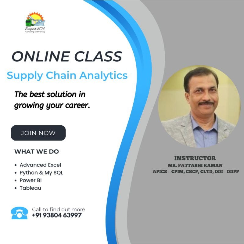 ExxpertScm's tweet photo. Dear Supply Chain Professionals

Looking for a better career opportunity? Why should I choose Supply Chain Analytics?

Which course will help me in getting the job?

Instructor 
Mr. Pattabhi Raman 
APICS – CPIM, CSCP, CLTD, DDI - DDPP

Reach us for more details: 9380463997 https://t.co/XAvbsLYufC