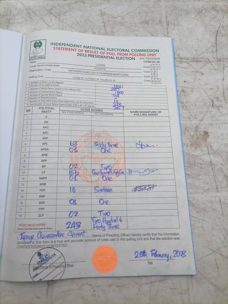 Mende, Maryland PU 34 - Ajose street opposite house 24 polling Unit.#shareINECresult
