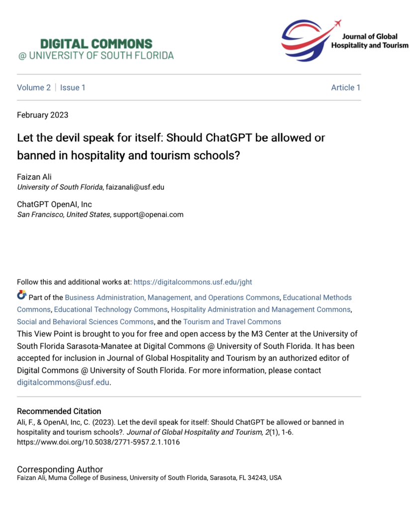 This Op-Ed lists benefits &amp; limitations of using <a href="/ChatGPT/">ChatGPT</a> in hospitality and tourism schools. This paper also outlines some ethical aspects revolving arounds usage of ChatGPT in hospitality and tourism schools.

digitalcommons.usf.edu/jght/vol2/iss1…

#academicresearch #researchbeast #chatgpt
