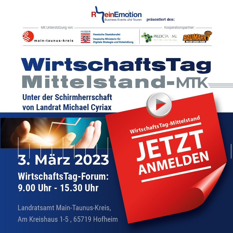 Nur noch wenige Tage bis zum "WirtschaftsTag Mittelstand Main-Taunus-Kreis" am 03. März 2023!
Unter diesem Link erhalten Sie einen Einblick in das informative Themenprogramm für Unternehmer im Mittelstand: lnkd.in/e2J5kvDU

Anmeldung: lnkd.in/eNTQy9iX
#mittelstand