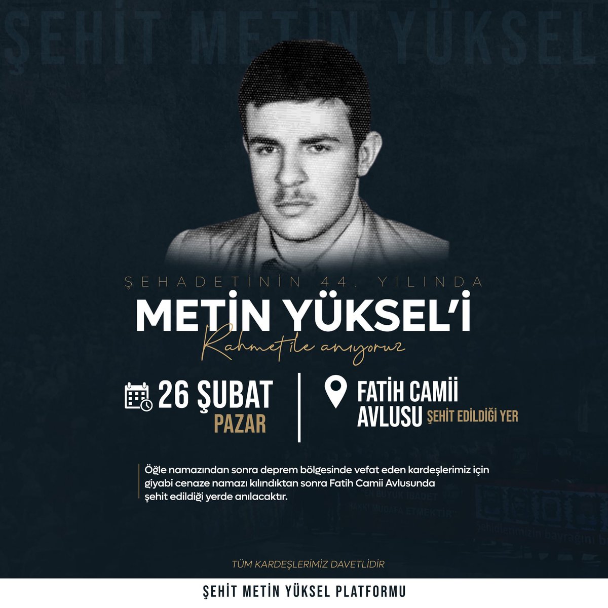 Bugün Fatih camiinde öğle namazı sonrasında düzenlenecek olan #ŞehitMetinYüksel'i anma programı <a href="/KudusTv/">Kudüs TV</a>’den canlı olarak yayınlanacaktır.