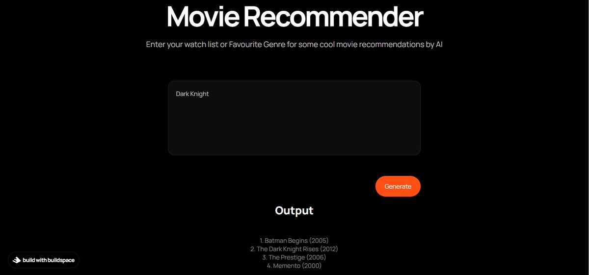aswingt65's tweet photo. Got my web app hooked up w/@OpenAI 

The web app recommend movies based on the users watch list or favourite genre.
cc: 
@_buildspace https://t.co/QvNmTQEdHd