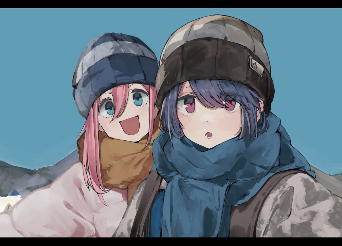 kagamihara nadeshiko ,shima rin multiple girls 2girls pink hair scarf blue hair hat open mouth  illustration images