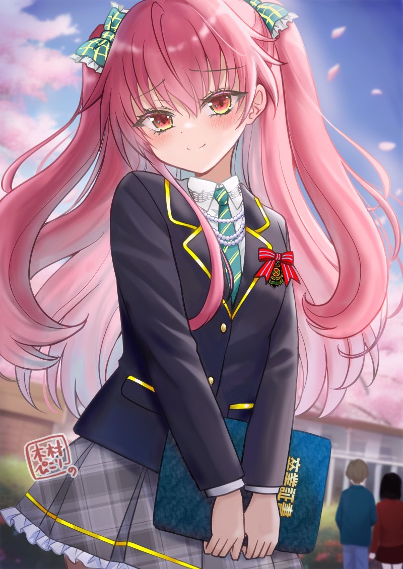 skirt long hair school uniform pink hair necktie two side up 1girl  illustration images