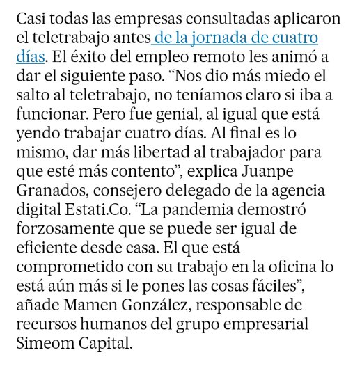 El #teletrabajo es la antesala de otras formas de flexibilidad laboral que están resultando beneficiosas para los trabajadores y para sus empresarios, como la jornada de 4 días. ¿De verdad EL PAÍS va a vivir de espaldas al cambio que recoge en sus páginas? elpais.com/economia/2023-…