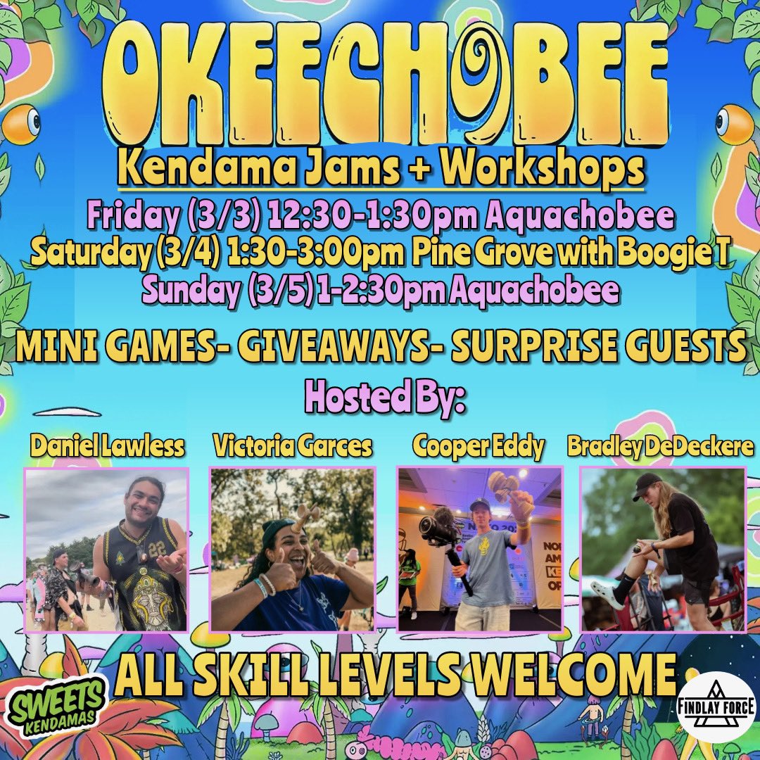The gang hosts THREE kendama jams at <a href="/okeechobeefest/">Okeechobee</a> with <a href="/SweetsKendamas/">SWEETS KENDAMAS</a>! 

Come hang out with <a href="/KendamaBrad/">bradley</a>, <a href="/DJ_Lawless0523/">LawlessKendama</a>, <a href="/LegitCooper/">cooper eddy</a> + myself! Learn kendama, hone in on new tricks or just join in on the mini-games! You never know which special guests may show up! 🫣
