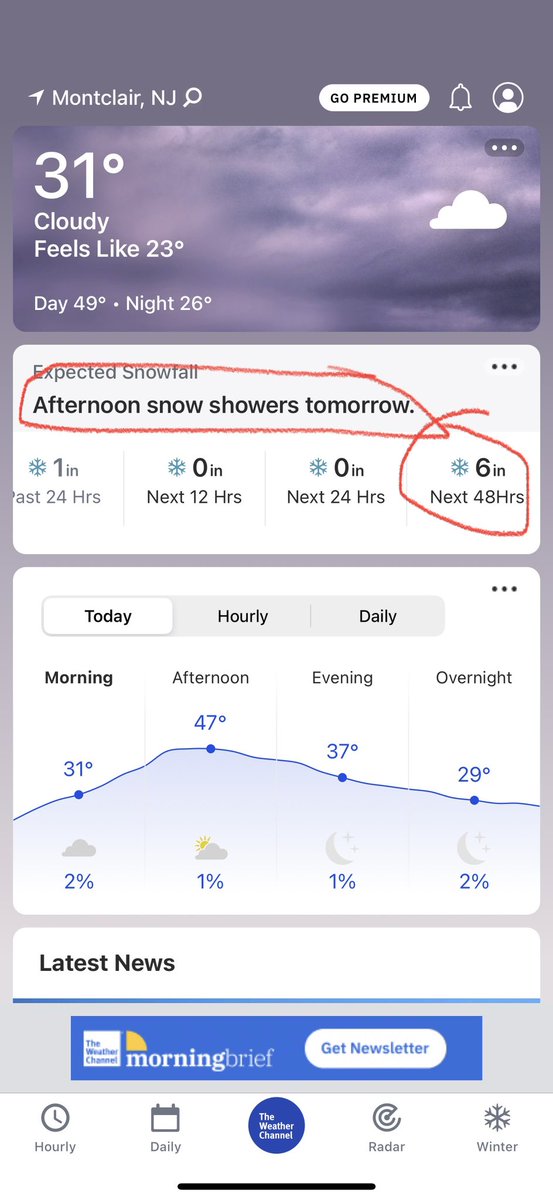 vplus's tweet photo. What is going on here?

@weatherchannel app forecasts 6 INCHES of snow in the next 48 hours (Montclair, NJ, just west of NYC). 

The Apple weather app doesn’t even MENTION snow. 

Don’t they all receive their data from the same place?

Will be interesting to see which is correct. https://t.co/haKm5FvB5s