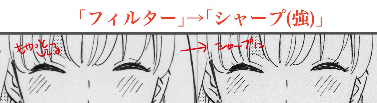ペン入れまでアナログで
原稿スキャンしてクリスタで仕上げてるので
スキャナの画質がすごい気になるんだけど
スキャン後2値可などの処理をする前にシャープマスクをかけると良い感じ
2種類のスキャナで試したけど
シャープかけなかった方は眉毛やまつ毛の細かい隙間が潰れて線が太る 