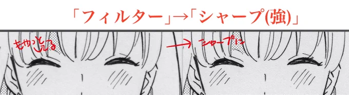 ペン入れまでアナログで
原稿スキャンしてクリスタで仕上げてるので
スキャナの画質がすごい気になるんだけど
スキャン後2値可などの処理をする前にシャープマスクをかけると良い感じ
2種類のスキャナで試したけど
シャープかけなかった方は眉毛やまつ毛の細かい隙間が潰れて線が太る 