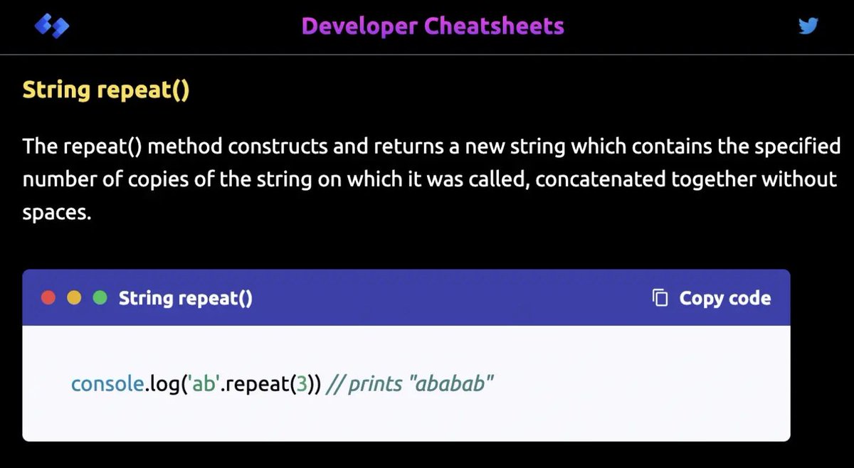DevCheatsheets's tweet image. ES6 String repeat method - daily dose of JS.

Web Dev cheatsheets @ developercheatsheets.com

#webdevelopment #developer #cheatsheets #javascript