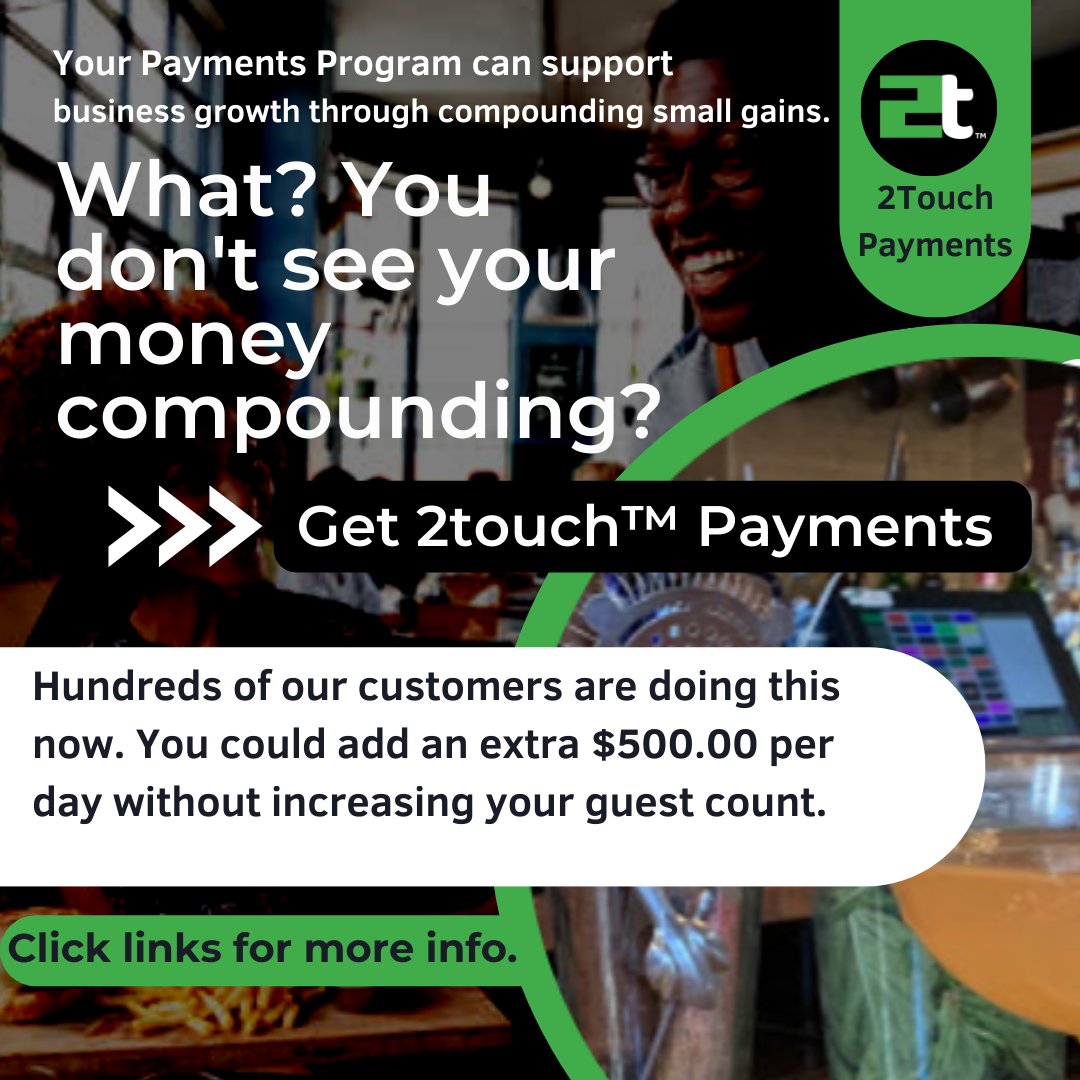 2touchpos's tweet photo. Use Payment Processing to leverage your business. Let's plan for a processing return together. Visit our Payments Page to hear more! https://t.co/WYEvsBqEVY
#Payments #Surcharge #2touch™payments https://t.co/67mgbathEw