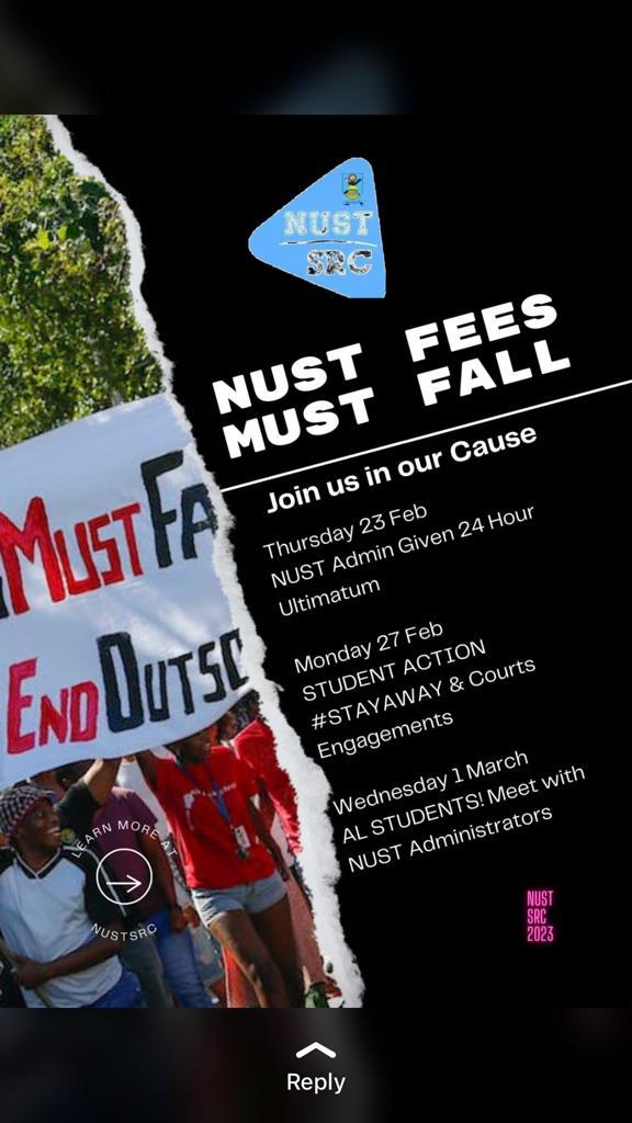mvelase_01's tweet photo. The NUST SRC has announced a stay away campaign in response to the abhorrent fees increase at the university.

#FeesMustFall
#ChestPains
@nustfmzw @nustsrc https://t.co/fUSsdDe8wi