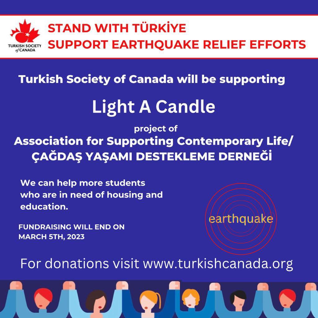 Light a Candle <a href="/TRSocietyofCAN/">TRSocietyofCanada</a> we are putting our efforts together with the <a href="/CagdasYasamDD/">ÇYDD-Çağdaş Yaşam</a> to bring hope for the students in the region.

Please join us as we help these students regain hope through the link;

turkishcanada.org/light-a-candle/

#earthquakeinturkey #CYDD #TRSocietyofCAN